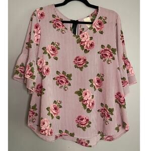 Lodys Large Blouse Stripped Floral Ruffle Sleeve Keyhole Bow Tie Back Round Hem